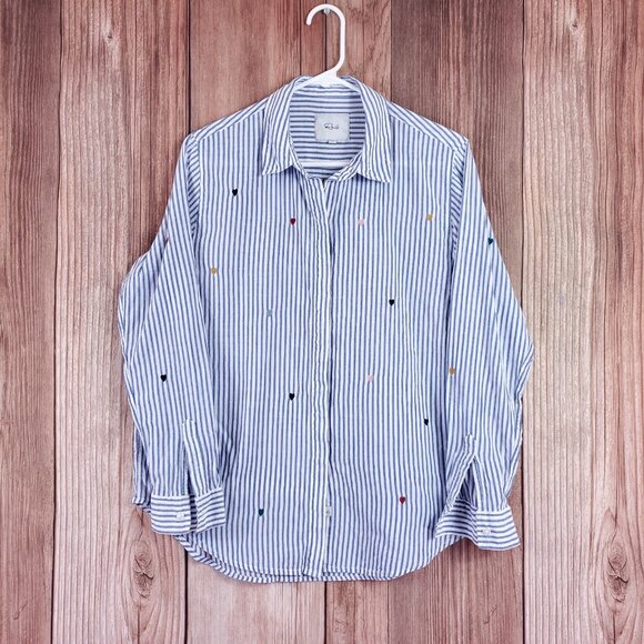 Rails Taylor Blue White Striped Shirt Womens Medium Rainbow Embroidered Hearts - Picture 3 of 15